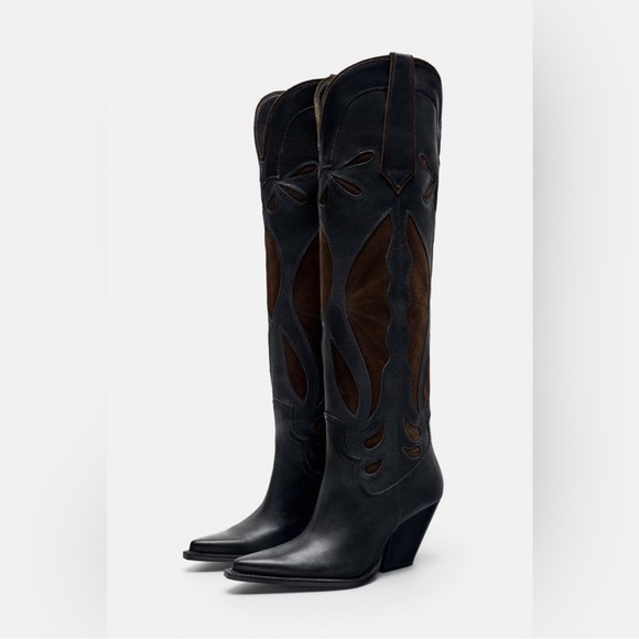 Zara Black and Brown Heeled Boots - Picture 2 of 10
